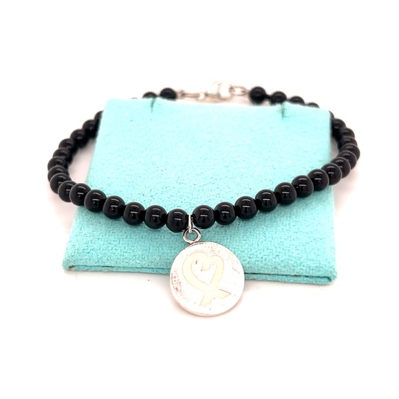 T&Co. 925 Mini Beaded Onyx Circle Heart Bracelet - Picture 1 of 9